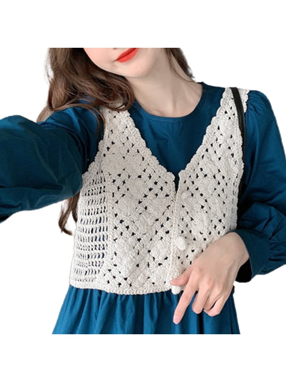 Women Boho Crochet Sleeveless Crop Top Vest V-Neck Buttons Hollow Knitted Camisole Waistcoat Beach Mini Sweater Cardigan