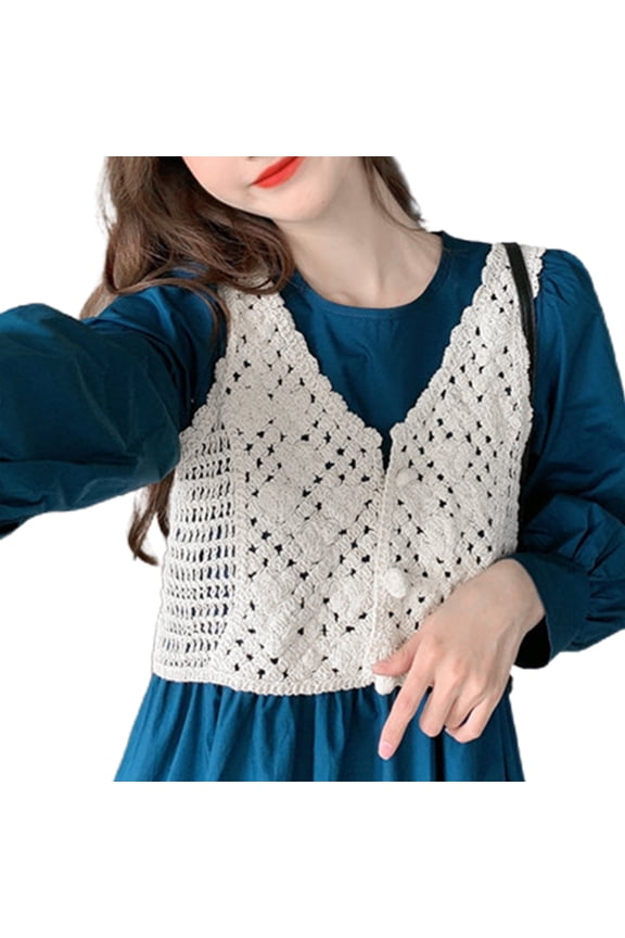 Women Boho Crochet Sleeveless Crop Top Vest V-Neck Buttons Hollow Knitted Camisole Waistcoat Beach Mini Sweater Cardigan