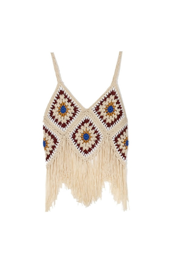 Women Boho Crochet Sleeveless Crop Top with Fringe Tassels Hem Deep V-Neck Multicolor Plaid Knitted Camisole Sling Vest Beachwear