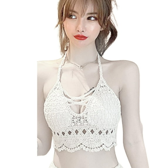 Women Boho Crochet Strappy Halter Bikini Bra Hollow Out Diamond Plaid Knit Camis Crop Top Scalloped Tassel Hem Padded Beach Bralette Swimsuit