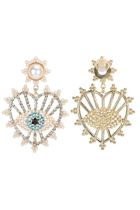 Women Boho Eye Dangle Earrings Vintage Heart Rhinestone Pearl Drop Jewelry 2.83 in / 7.2 cm