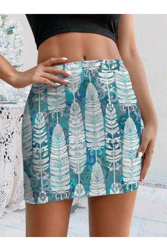 Women Boho Feather Print Bodycon Mini Skirt Multicolor