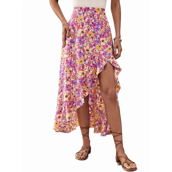 Women Boho Floral Leopard Print High Low Split Wrap Midi Skirt Floral Print L