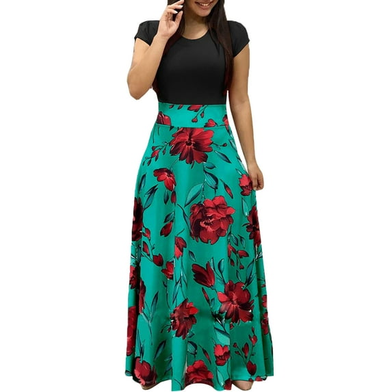 Women Boho Floral Long Maxi Dress Cocktail Party Evening Summer Short Sleeve Beach Holiday Skirt Sundress