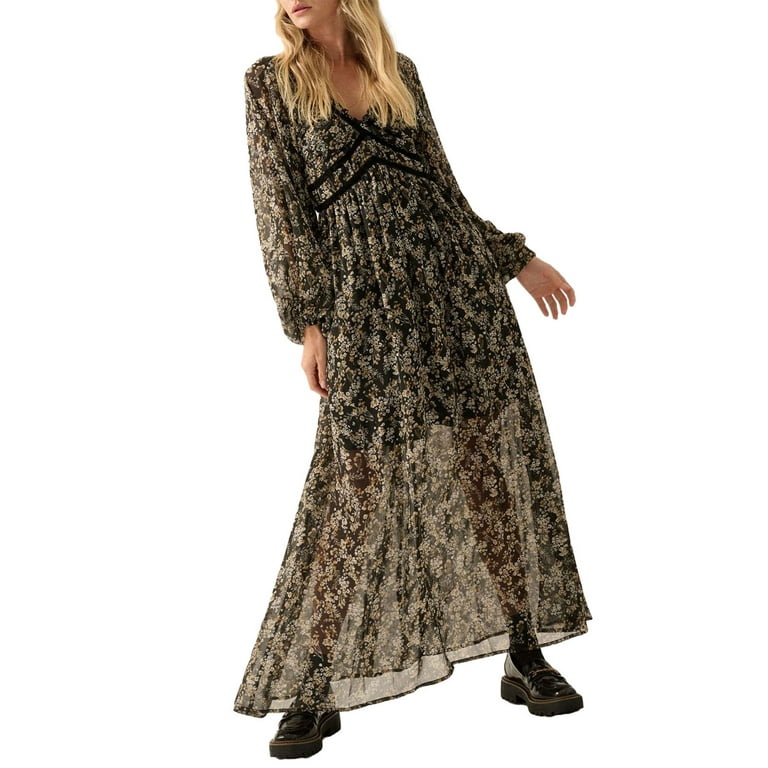 Chiffon Bell Sleeve V Neck High Waist Maxi Floral Dresses Chiffon Bell Sleeve V Neck High Waist Maxi Floral Dresses