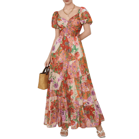 Women Boho Floral Maxi Dress Short Puff Sleeve Sweetheart Neck Smocked Flowy Tiered Dress Casual Spring Summer Long Dresses