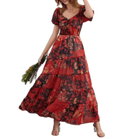 Women Boho Floral Maxi Dress Short Puff Sleeve Sweetheart Neck Smocked Flowy Tiered Dress Casual Spring Summer Long Dresses