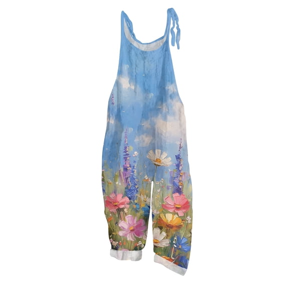 Women Boho Floral Overalls Sleeveless Loose Jumpsuit With Tie Straps Blue 2XL