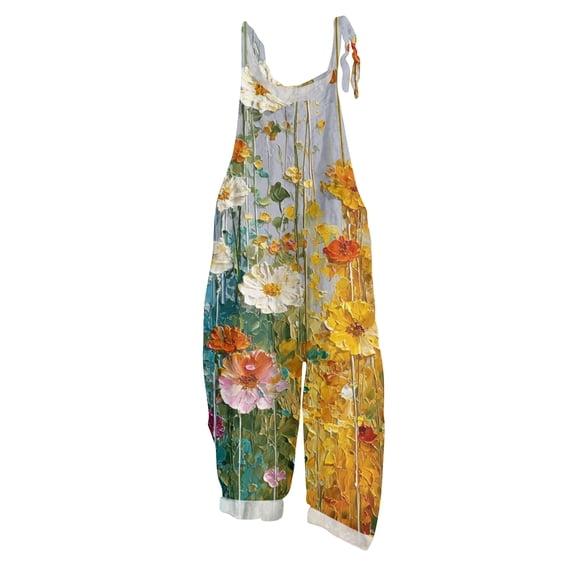 Women Boho Floral Overalls Sleeveless Loose Jumpsuit With Tie Straps Yellow 3XL