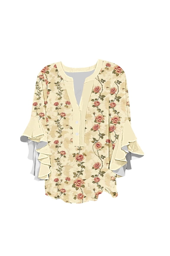 Women Boho Floral Print Blouses with 3/4 Flowy Ruffle Sleeves V Neck Half Button Down Shirt for Summer Beach Vacations