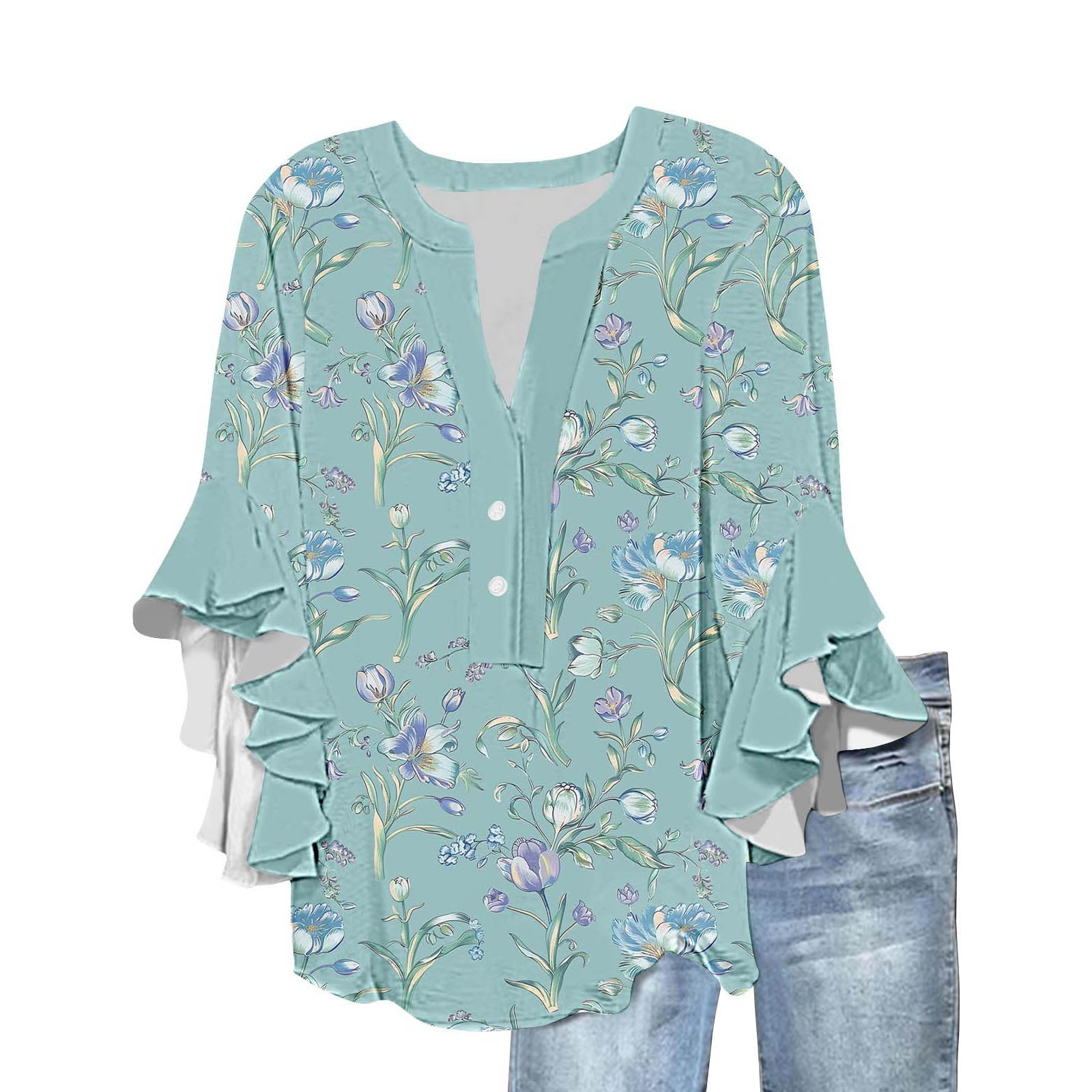 Women Boho Floral Print Blouses with 3/4 Flowy Ruffle Sleeves V Neck Half Button Down Shirt for Summer Beach Vacations