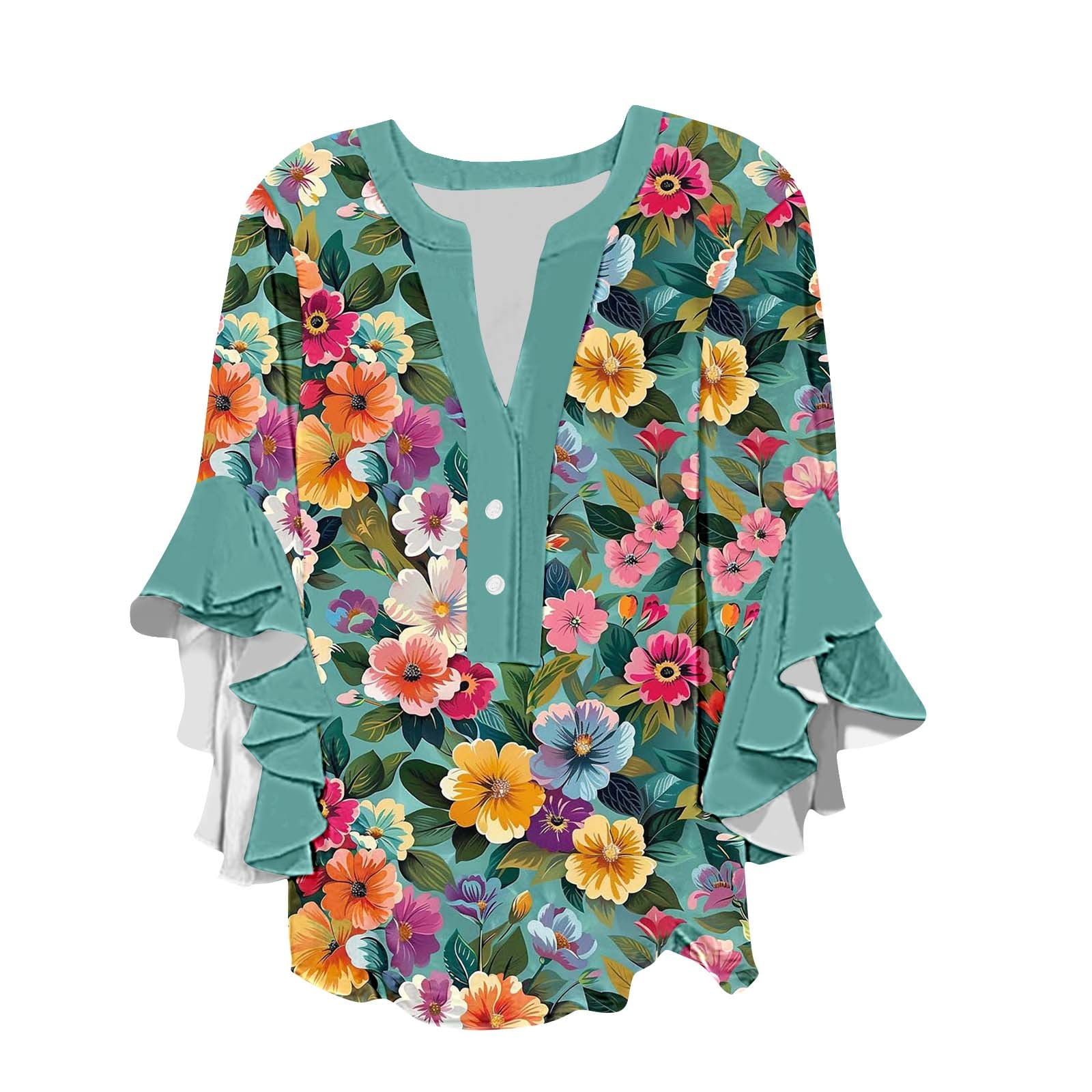 Women Boho Floral Print Blouses with 3/4 Flowy Ruffle Sleeves V Neck Half Button Down Shirt for Summer Beach Vacations