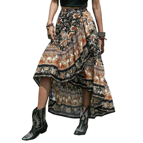 Women Boho Floral Print Wrap Skirt Elastic Waist Long Skirts Dress Split Ruffle High Low Beach Maxi Skirt