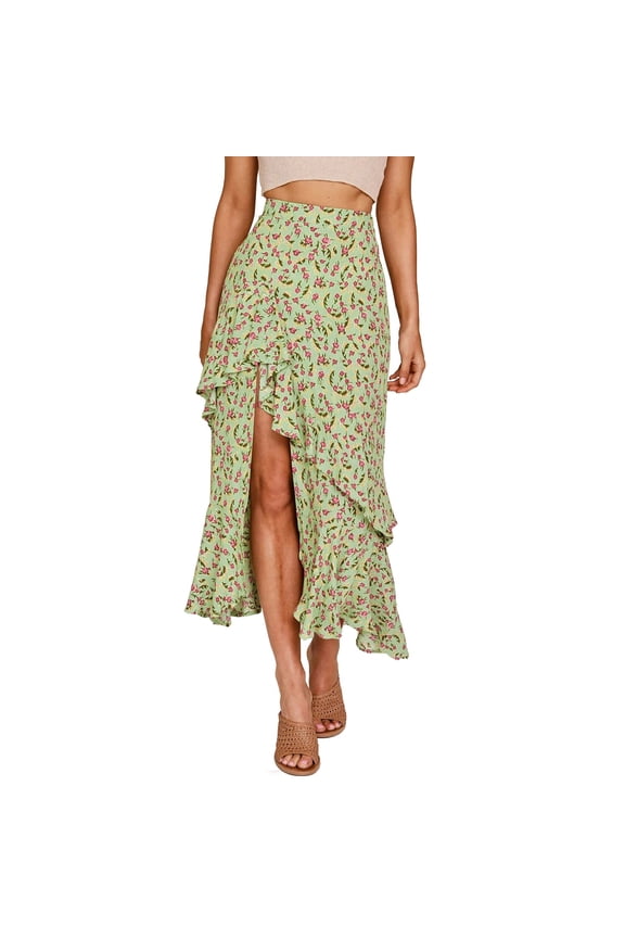Women Boho Floral Printed Long Skirt High Low Side Elastic Waist Swing Maxies Club Basic Leisure Dailywear