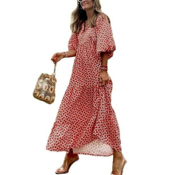 Women Boho Floral Puff Sleeve Tiered Maxi Dress Casual Layered Loose Vacation Beach Long Dress
