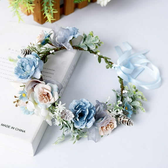 Women Boho Flower Headband Hair Wreath Floral Garland Crown Halo Headpiece with Ribbon Wedding Festival Party