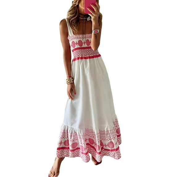 Women Boho Flowy Maxi Dress Tie-Up Strap Backless Sleeveless Mexican Dress Summer Holiday Dress