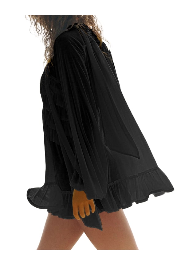 Women Boho Flowy Sheer Blouse Y2k Lace Trim Ruffled Long Sleeve Shirts Front Tie Oversized Tops Black L