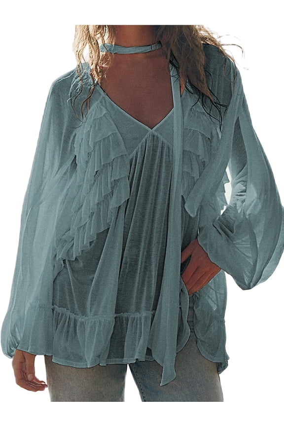 Women Boho Flowy Sheer Blouse Y2k Lace Trim Ruffled Long Sleeve Shirts Front Tie Oversized Tops Blue S