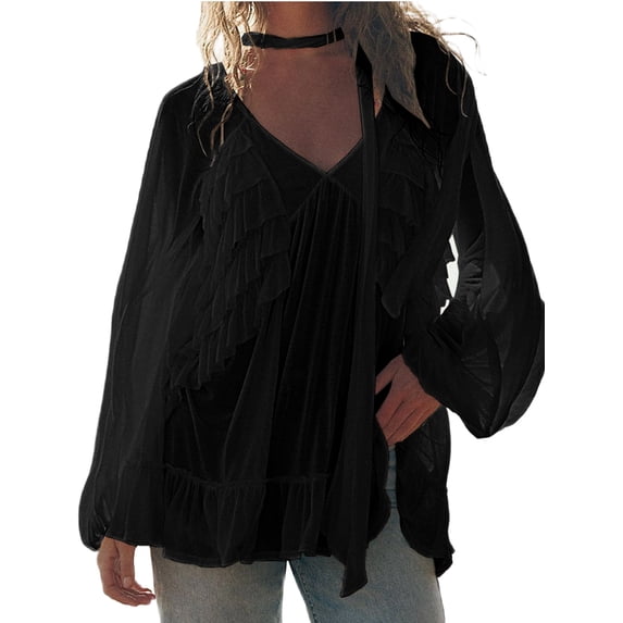 Women Boho Flowy Sheer Blouse Y2k Lace Trim Ruffled Long Sleeve Shirts Front Tie Oversized Tops