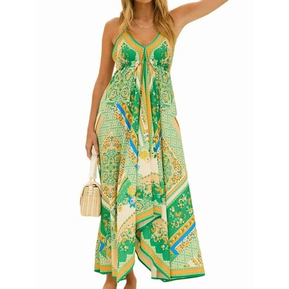 Women Boho Halter Maxi Dress Floral V Neck Sleeveless Loose Fit Backless Irregular Hem Long Holiday Vacation Dress Green L