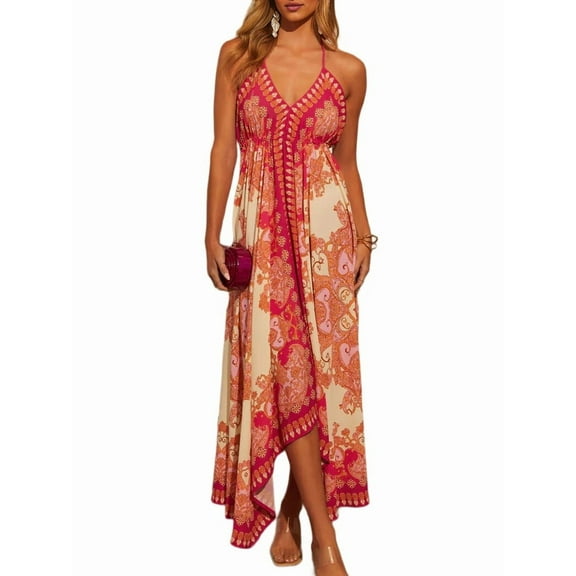 Women Boho Halter Maxi Dress Floral V Neck Sleeveless Loose Fit Backless Irregular Hem Long Holiday Vacation Dress Orange & Red M