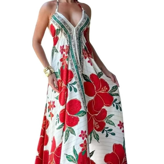 Women Boho Halter Maxi Dress Floral V Neck Sleeveless Loose Fit Backless Irregular Hem Long Holiday Vacation Dress White Red Flowers M
