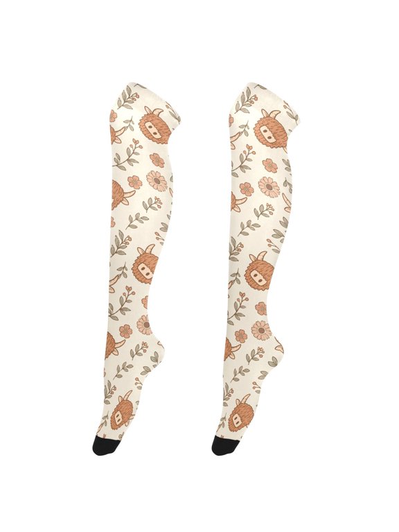 Women Boho Highland Cows Pattern Over Knee Thigh High Socks