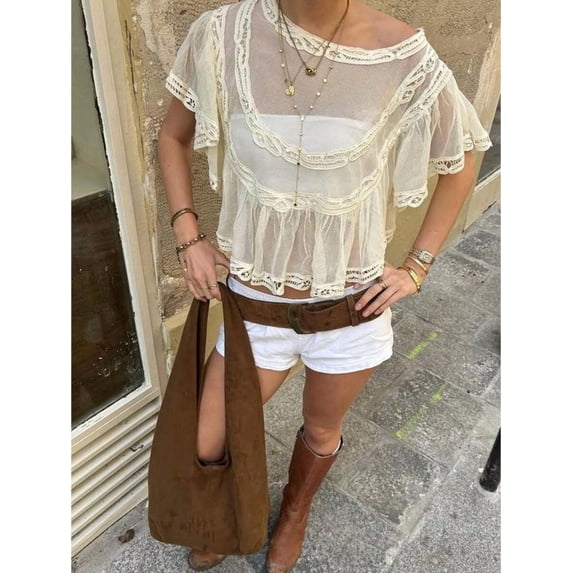 Women Boho Lace Fold‑Design Short‑Sleeve Blouse, Sheer Perspective Loose‑Fit Casual Top For Vacation Party And Country Concert