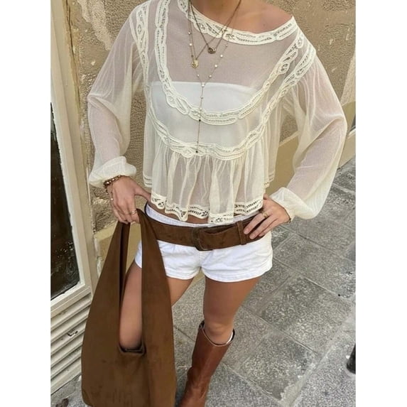 Women Boho Lace Fold‑Design Short‑Sleeve Blouse, Sheer Perspective Loose‑Fit Casual Top For Vacation Party And Country Concert