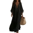 thumbnail image 1 of Women Boho Lace V Neck Flowy Maxi Dress, Bell Sleeve Loose Tiered Long Beach Cover Up Dress, Casual Summer Vacation Holiday Sundress for Travel,Black,2XL, 1 of 6