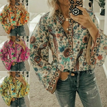 Women Boho Lantern Long Sleeve Loose Tops Ladies Hippie Gypsy Tunic Blouse Shirt
