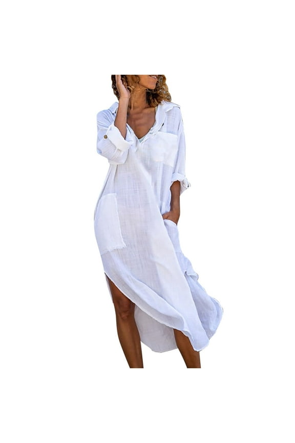 Women Boho Linen Shirt Long Dress Side Split Beach Swimwear Cover Up Dress with Pocket V Neck Casual Loose Dress (X-Large, White)