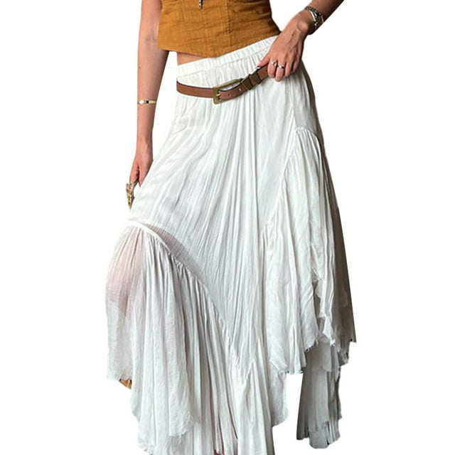Women Boho Long Skirts Elastic Waist Chiffon Bohemian Midi Skirts