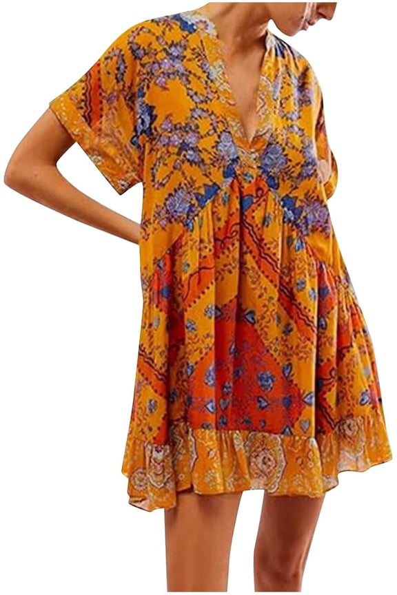 Women Boho Mini Dress Deep V Neck Fashion Floral Print Sundress Beach Babydoll Flowy Cap Sleeve Summer Dress 2024
