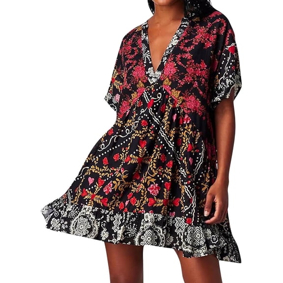 Women Boho Mini Dress Deep V Neck Fashion Floral Print Sundress Beach Babydoll Flowy Cap Sleeve Summer Dress 2024