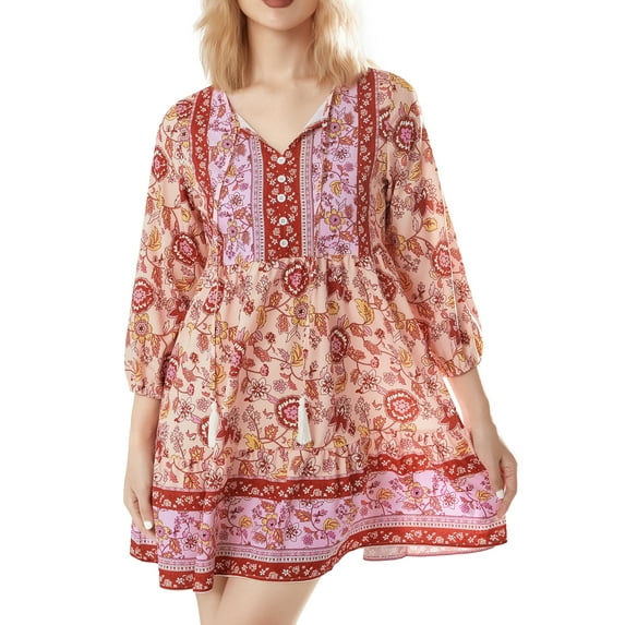 Women Boho Mini Dress Floral Lantern Sleeve V-Neck Button Ruffle Dress Beach Summer Vacation Dress