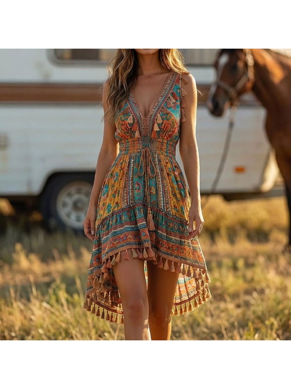 Women Boho Mini Dresses Tank Western Floral Print Fringe Bohemian Layered Casual Summer Dress Beach Dress Yellow S-XXL