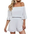 thumbnail image 1 of Women Boho Off Shoulder Summer Chiffon Romper Casual One Piece Strapless 3/4 Bell Sleeve Shorts Tube Top Jumpsuit, 1 of 7