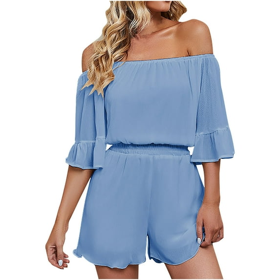 Women Boho Off Shoulder Summer Chiffon Romper Casual One Piece Strapless 3/4 Bell Sleeve Shorts Tube Top Jumpsuit