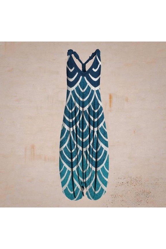 Women Boho Overalls Plus Size Summer Fashion Jumpsuit Loose Fit Rompers Floral Printed Baggy Bohemia Wide Harem Pants Blue XL