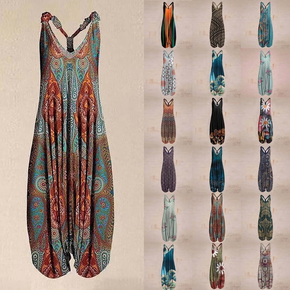 Women Boho Overalls Plus Size Summer Fashion Jumpsuit Loose Fit Rompers Floral Printed Baggy Bohemia Wide Harem Pants Multicolor XL