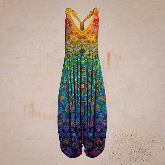 Women Boho Overalls Plus Size Summer Fashion Jumpsuit Loose Fit Rompers Floral Printed Baggy Bohemia Wide Harem Pants