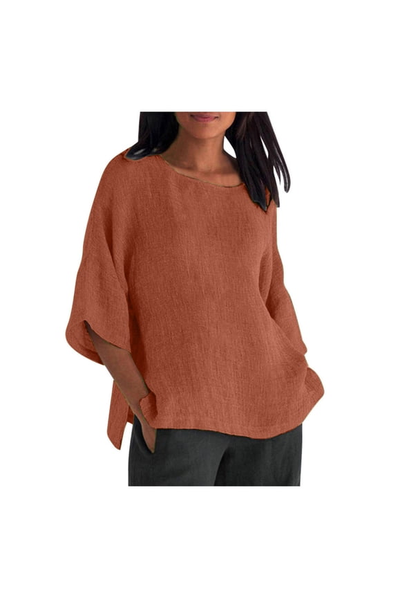 Women Boho Oversized Linen Tops 3/4 Sleeve Loose Tshirts Solid Plus Size Beach Outfits Suumer Crewneck Blouses 4X-5X
