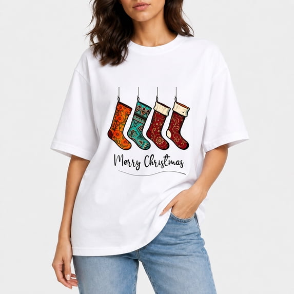 Women Boho Pattern Christmas Stockings Oversized T-Shirt, Ethnic Xmas Socks Graphic Tee
