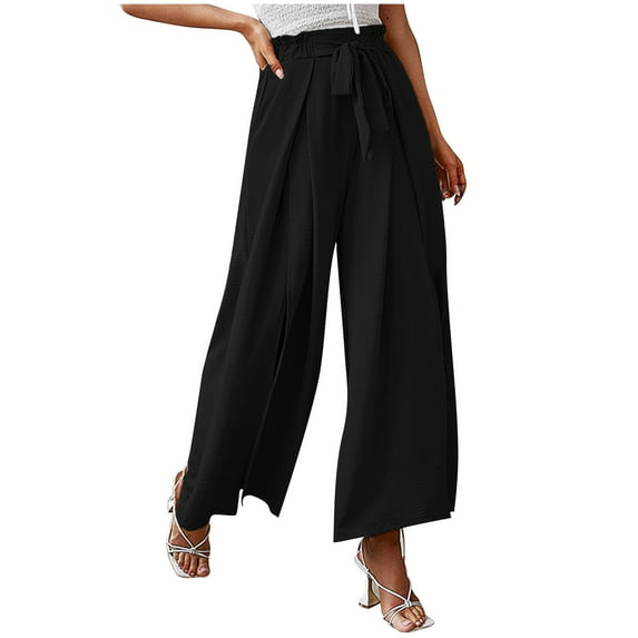 Women Boho Pleated Wide Leg Pants Solid Ruffle Bow Tie Elastic High Waist Split Flowy Culottes Palazzo Dress Pants Office Beach(L,Black)