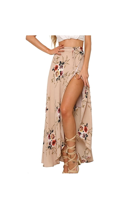Women Boho Print High Waist Side Wrap Bohemian Asymmetric Hem Maxi Long Skirt One Size