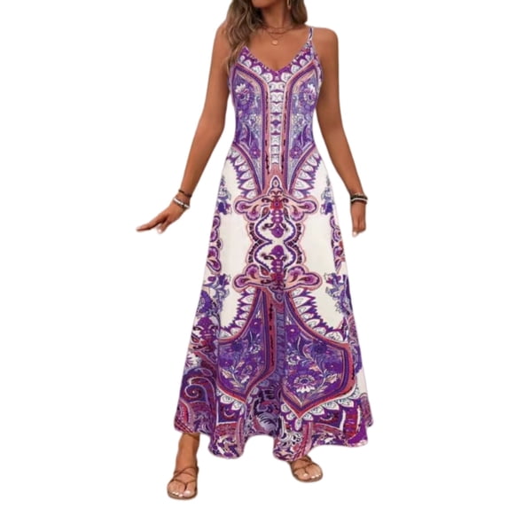 Women Boho Print Midi Dress Spaghetti Strap Summer Beach Vacation Casual Dress