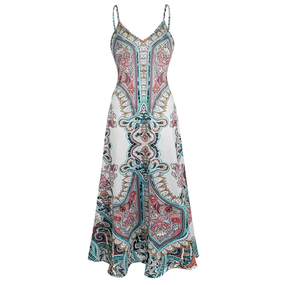 Women Boho Print Midi Dress Spaghetti Strap Summer Beach Vacation Casual Dress