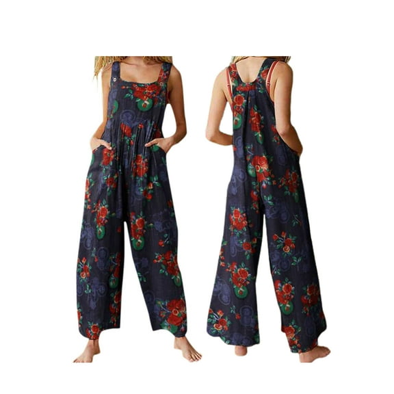 Women Boho Printed Casual Overalls Loose Baggy Bib Pants Jumpsuit Bohemian Wide Leg Overall Plus Size